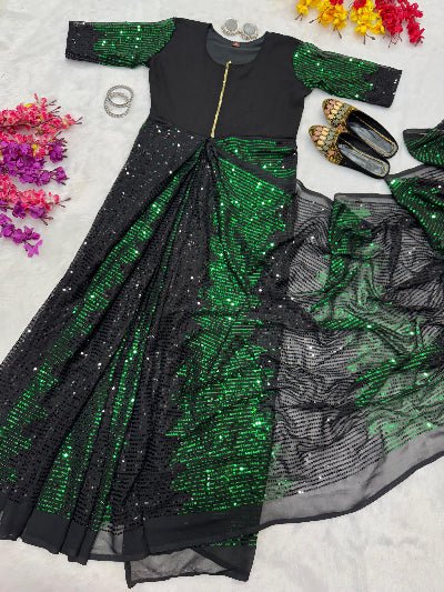 Green & Black Sequins Zip & Go 10 Second Saree Gown - BONYHUBSAREE