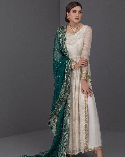 Green chunni Anarkali Gold Embroidery Gown Set of 3 UK Next Day - BONYHUBSALWAR KAMEEZ