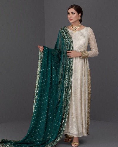 Green chunni Anarkali Gold Embroidery Gown Set of 3 UK Next Day - BONYHUBSALWAR KAMEEZ