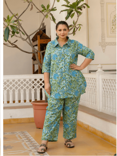 Green Collar Cotton Kurti Trouser Set of 2 - BONYHUBsalwar suit