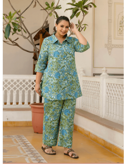 Green Collar Cotton Kurti Trouser Set of 2 - BONYHUBsalwar suit