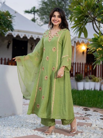 Green Embroidered Crunchy Silk Straight Suit for Women - BONYHUBSALWAR KAMEEZ
