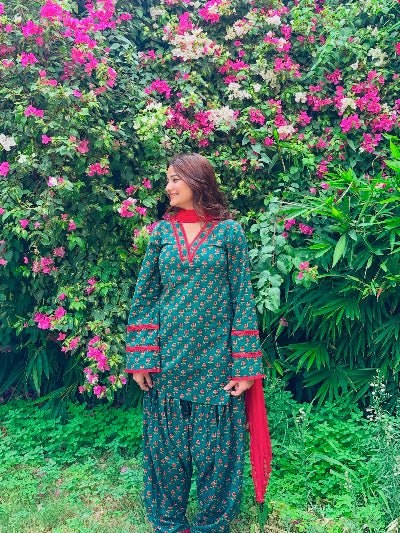 Green Floral Print Farshi Suit Set with Nazmin Dupatta UK Next Day - BONYHUBSALWAR KAMEEZ
