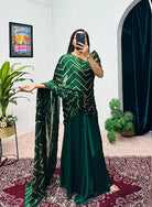 Green Foil Work Ethnic Readymade Saree Gown UK Next Day - BONYHUBSAREE