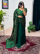 Green Foil Work Ethnic Readymade Saree Gown UK Next Day - BONYHUBSAREE
