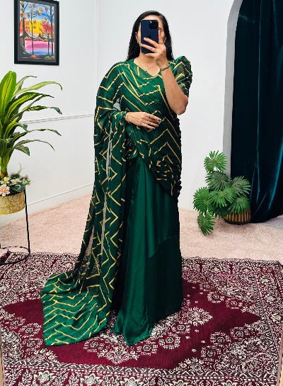 Green Foil Work Ethnic Readymade Saree Gown UK Next Day - BONYHUBSAREE