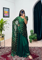 Green Foil Work Ethnic Readymade Saree Gown UK Next Day - BONYHUBSAREE