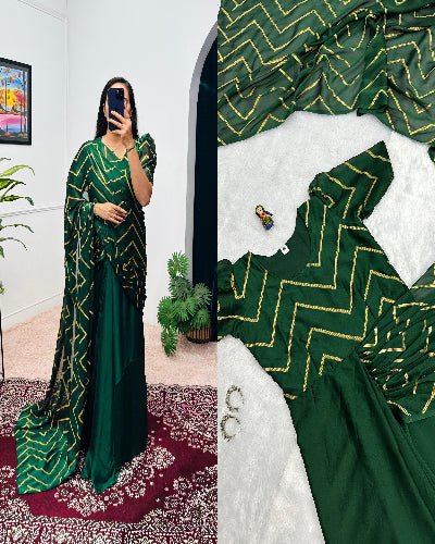 Green Foil Work Ethnic Readymade Saree Gown UK Next Day - BONYHUBSAREE