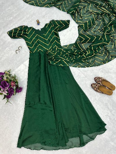 Green Foil Work Ethnic Readymade Saree Gown UK Next Day - BONYHUBSAREE