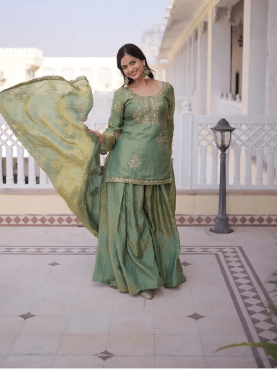 Green Gold Zari Sequins Festive Sharara Suit - BONYHUBSALWAR KAMEEZ