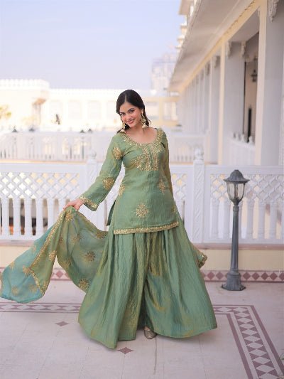 Green Gold Zari Sequins Festive Sharara Suit - BONYHUBSALWAR KAMEEZ