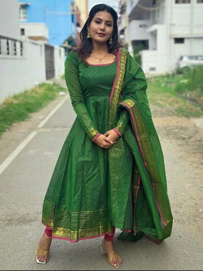 Green Kota Banarasi Full Sleeves Anarkali Dupatta 2pc - BONYHUBSALWAR KAMEEZ