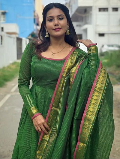 Green Kota Banarasi Full Sleeves Anarkali Dupatta 2pc - BONYHUBSALWAR KAMEEZ