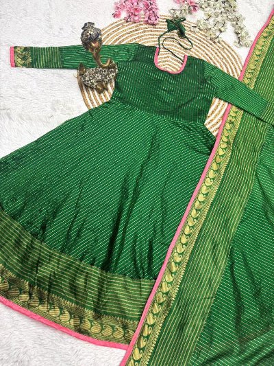 Green Kota Banarasi Full Sleeves Anarkali Dupatta 2pc - BONYHUBSALWAR KAMEEZ