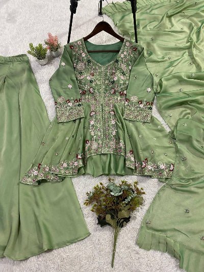 Green Peplum Style Embroidery Wedding Suit - BONYHUBSALWAR KAMEEZ