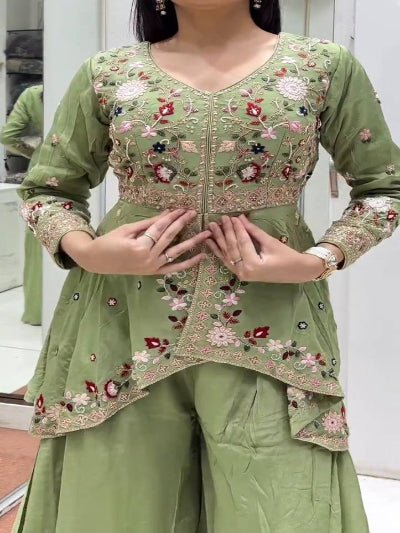 Green Peplum Style Embroidery Wedding Suit - BONYHUBSALWAR KAMEEZ