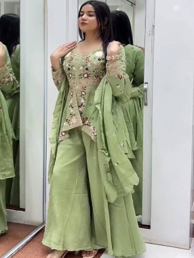 Green Peplum Style Embroidery Wedding Suit - BONYHUBSALWAR KAMEEZ
