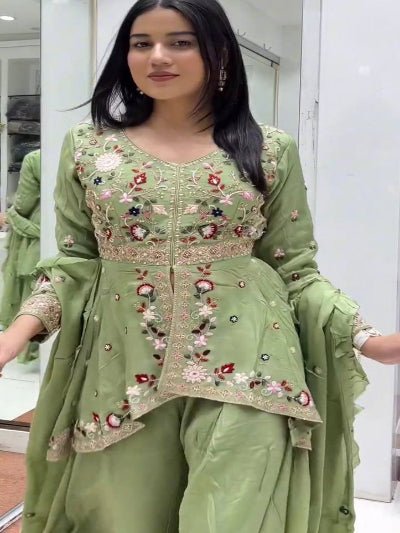 Green Peplum Style Embroidery Wedding Suit - BONYHUBSALWAR KAMEEZ