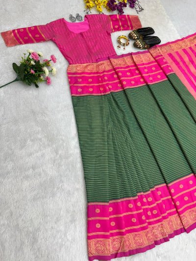 Green Pink Silk Ready-to-Wear Saree Gown - BONYHUBSAREE