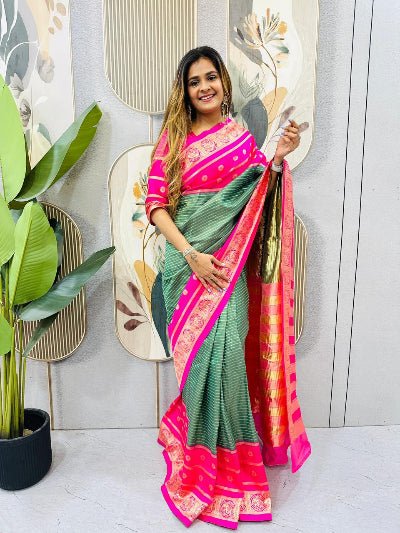 Green Pink Silk Ready-to-Wear Saree Gown - BONYHUBSAREE