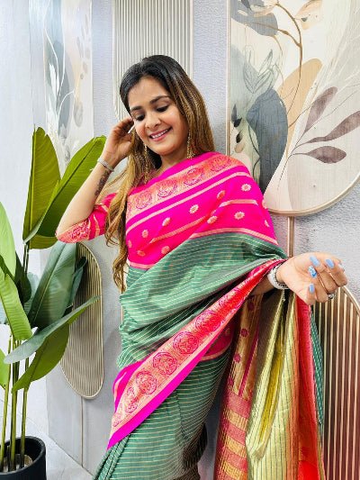Green Pink Silk Ready-to-Wear Saree Gown - BONYHUBSAREE