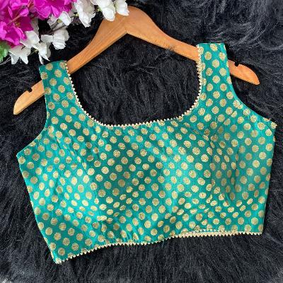 Green Readymade Sleevless Saree Blouse Brocade - BONYHUBblouses