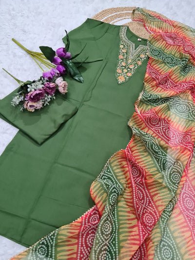 Green Salwar Suit With Multicolour Bandhani Print Dupatta - BONYHUBSALWAR KAMEEZ