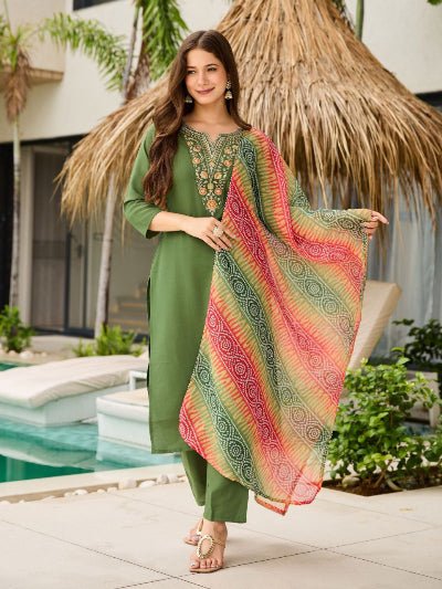 Green Salwar Suit With Multicolour Bandhani Print Dupatta - BONYHUBSALWAR KAMEEZ