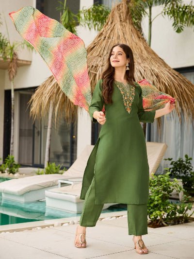 Green Salwar Suit With Multicolour Bandhani Print Dupatta - BONYHUBSALWAR KAMEEZ