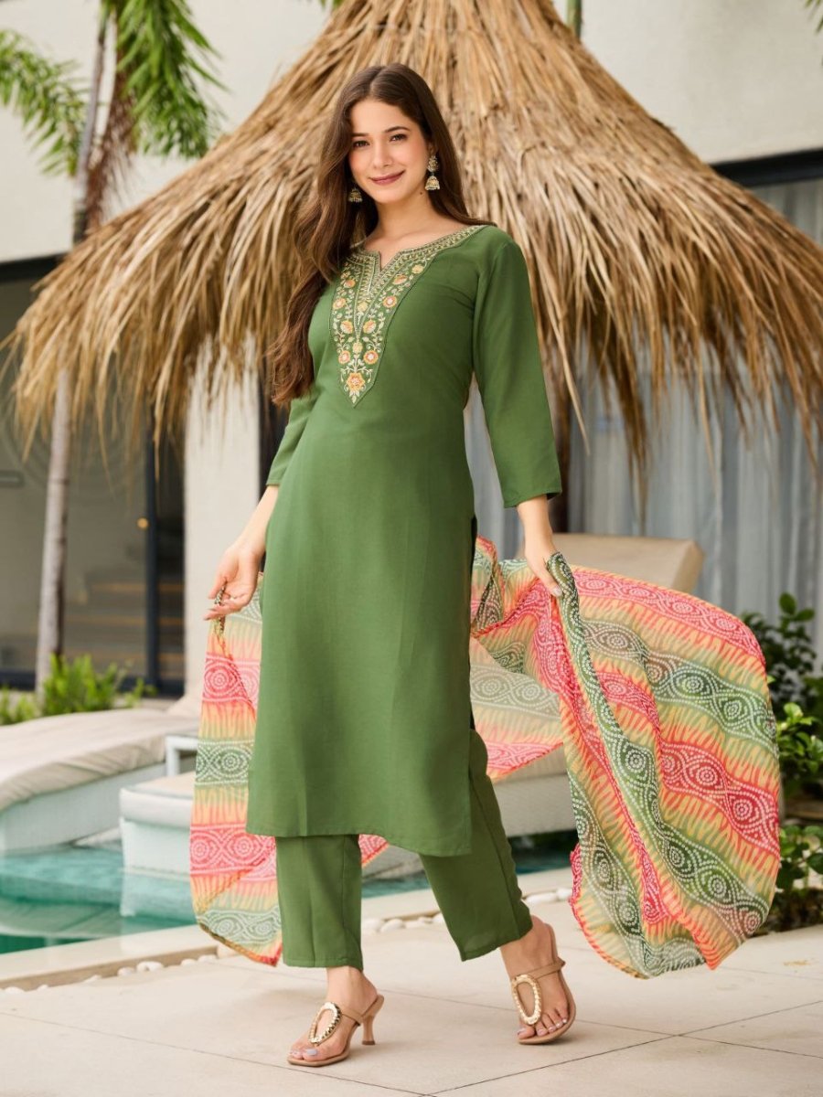 Green Salwar Suit With Multicolour Bandhani Print Dupatta - BONYHUBSALWAR KAMEEZ