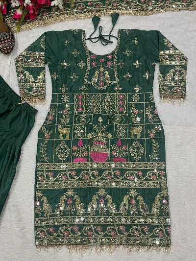 Green Sequins Embroidered Work Punjabi Suit Set - BONYHUBSALWAR KAMEEZ