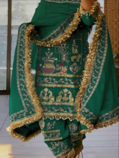 Green Sequins Embroidered Work Punjabi Suit Set - BONYHUBSALWAR KAMEEZ