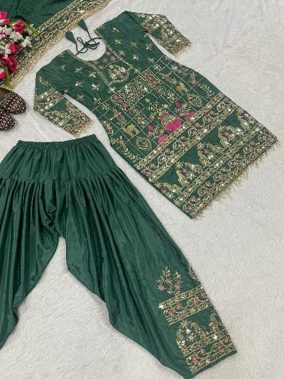 Green Sequins Embroidered Work Punjabi Suit Set - BONYHUBSALWAR KAMEEZ