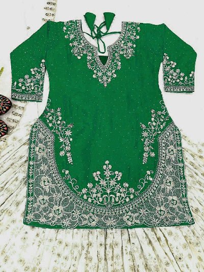 Green & White Chinon Silk Partywear Lehenga Kurti Suit Set - BONYHUBSALWAR KAMEEZ