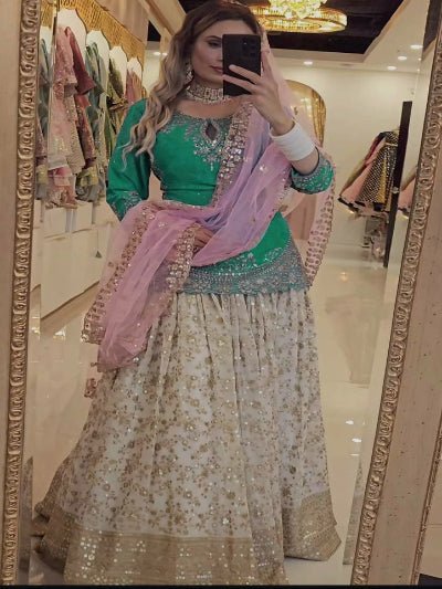 Green & White Chinon Silk Partywear Lehenga Kurti Suit Set - BONYHUBSALWAR KAMEEZ