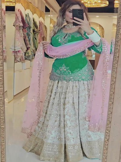 Green & White Chinon Silk Partywear Lehenga Kurti Suit Set - BONYHUBSALWAR KAMEEZ