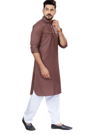 Grey Blue Men Cotton Pathani Kurta Pajama Set - BONYHUBMEN KURTA