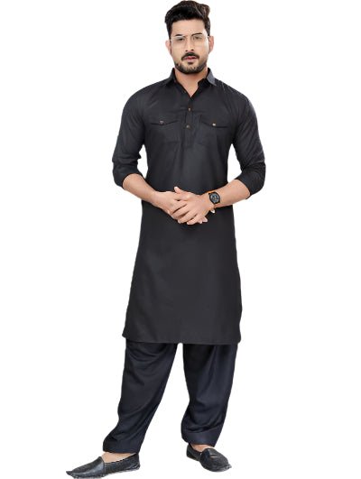 Grey Blue Men Cotton Pathani Kurta Pajama Set - BONYHUBMEN KURTA