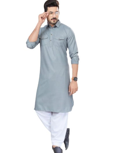 Grey Blue Men Cotton Pathani Kurta Pajama Set - BONYHUBMEN KURTA