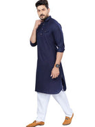 Grey Blue Men Cotton Pathani Kurta Pajama Set - BONYHUBMEN KURTA
