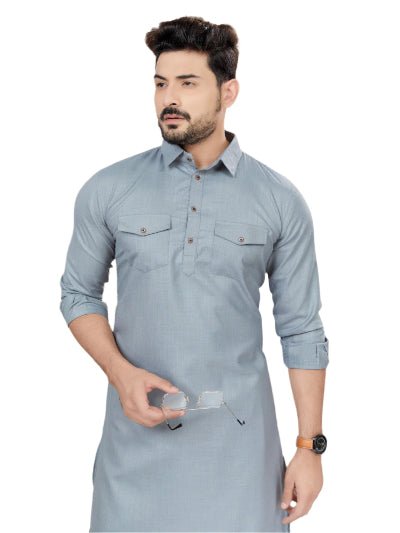 Grey Blue Men Cotton Pathani Kurta Pajama Set - BONYHUBMEN KURTA