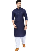 Grey Blue Men Cotton Pathani Kurta Pajama Set - BONYHUBMEN KURTA