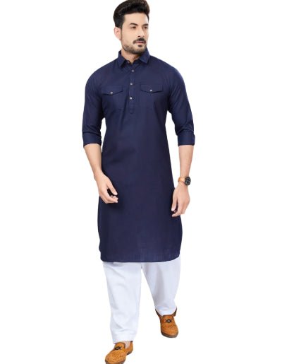 Grey Blue Men Cotton Pathani Kurta Pajama Set - BONYHUBMEN KURTA