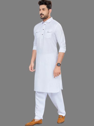 Grey Blue Men Cotton Pathani Kurta Pajama Set - BONYHUBMEN KURTA