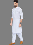 Grey Blue Men Cotton Pathani Kurta Pajama Set - BONYHUBMEN KURTA