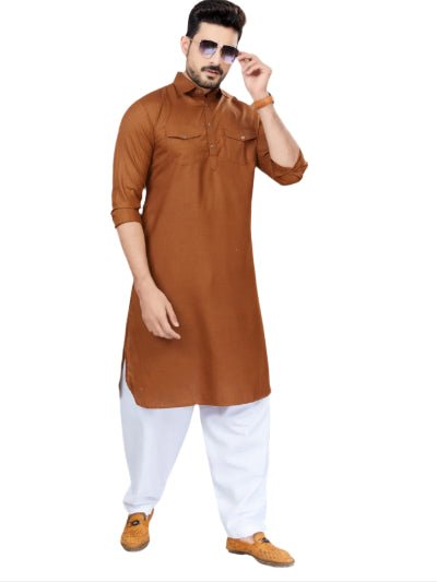 Grey Blue Men Cotton Pathani Kurta Pajama Set - BONYHUBMEN KURTA