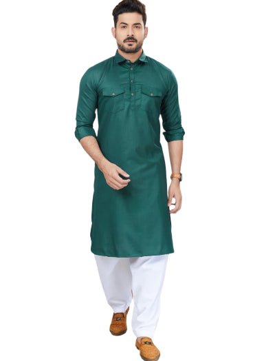 Grey Blue Men Cotton Pathani Kurta Pajama Set - BONYHUBMEN KURTA