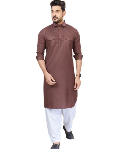 Grey Blue Men Cotton Pathani Kurta Pajama Set - BONYHUBMEN KURTA