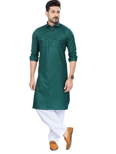 Grey Blue Men Cotton Pathani Kurta Pajama Set - BONYHUBMEN KURTA