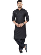 Grey Blue Men Cotton Pathani Kurta Pajama Set - BONYHUBMEN KURTA